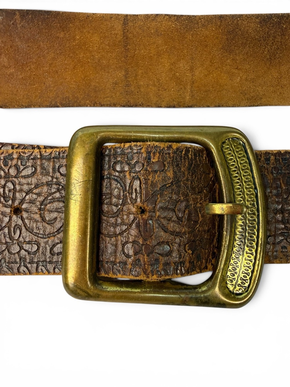 Vintage Tooled Leather Belt Brown Embossed Brass Buckle Boho Western